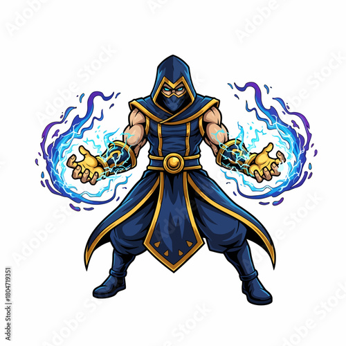 Illustration brave wizard unleashing electrifying magical power surge