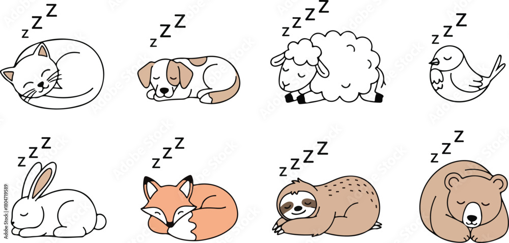 Naklejka premium Adorable sleeping animals illustration featuring a cat dog sheep bird rabbit fox sloth and bear.
