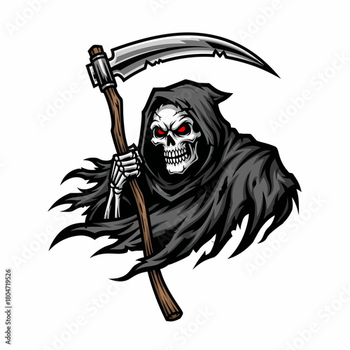 Illustration grim reaper holding scythe skeleton with cloak and red eyes