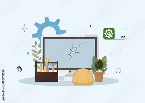Damaged Computer Monitor with Repairability Score and Tools. Cracked screen monitor highlighting electronic repair assessment and sustainable design practices. Flat style. Vector illustration