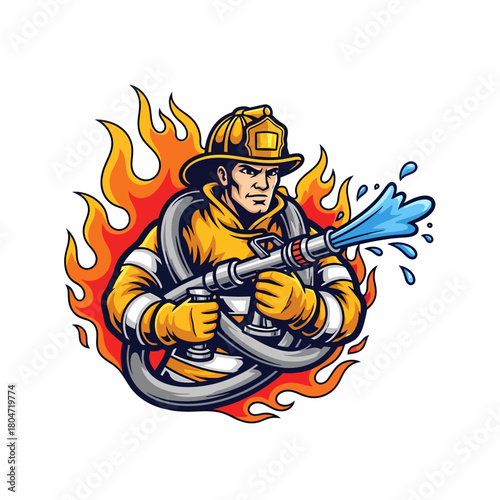 Illustration of a firefighter heroically battling flames with water hose