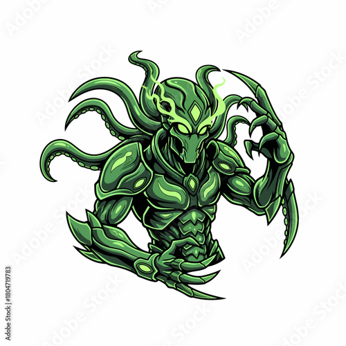 Illustration of a Green armored alien with tentacles and claws