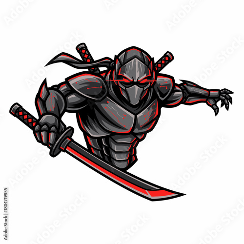 Illustration of stealthy ninja warrior with swords in attacking stance
