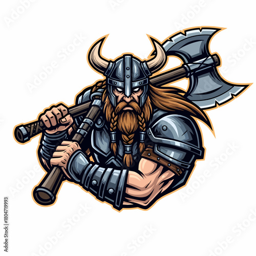 Illustration viking warrior holding axe with horned helmet emblem