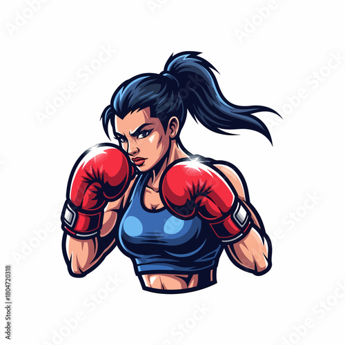 Vector illustration fierce female boxer ready for fight standing isolated