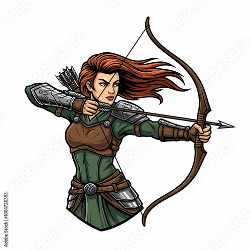 Vector illustration of a female archer drawing bow with arrow