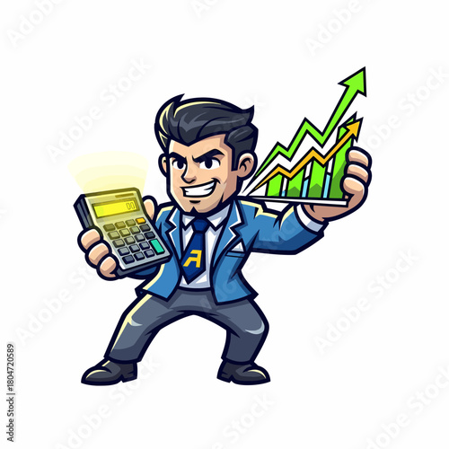 Cartoon businessman holding up trending graph with calculator in hand