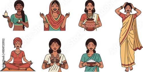 South Asian Women: Diverse Poses and Activities Vector Set