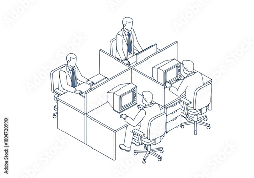 Vector illustration of a shared office workspace with employees focused on their tasks in cubicles