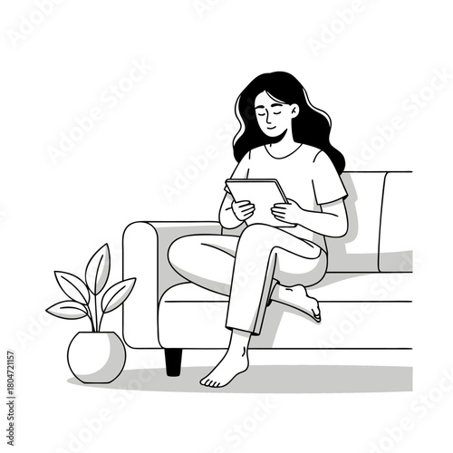 Comfortable woman using tablet at home, embracing digital media and relaxed leisure time indoors