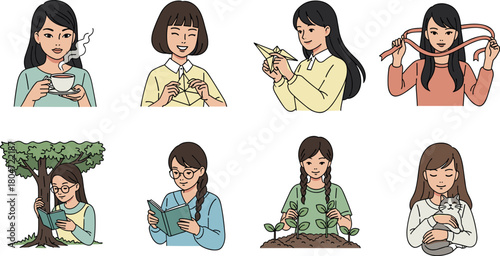 Diverse East Asian Women Engaged in Various Hobbies and Activities