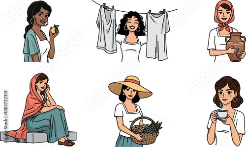 Mediterranean Women Lifestyle Vector Elements Set