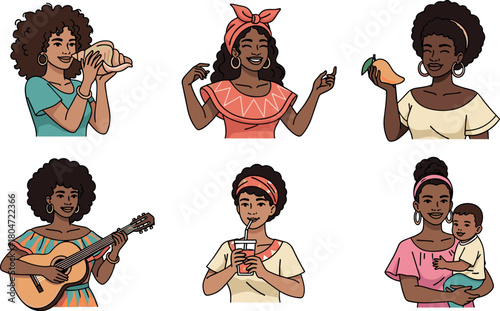 Diverse Caribbean women in grid, enjoying life and culture