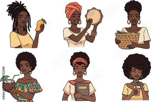 Afro-Caribbean women, diverse activities and cultural elements