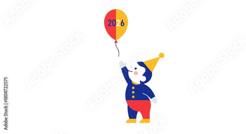 A stylized cartoon child in a blue jacket and party hat, reaching up to hold a red and yellow 2016 balloon.