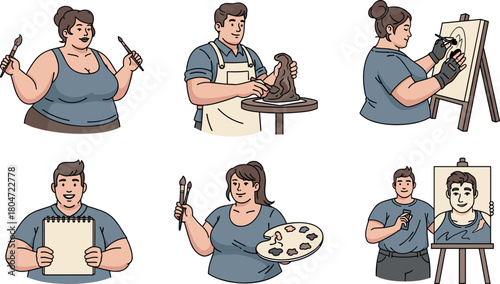 Diverse artists creating various forms of art in a collage