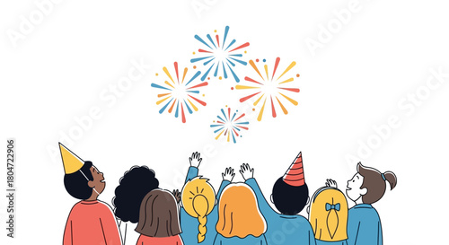 Group of Diverse People Watching Colorful Fireworks Display in Celebration.