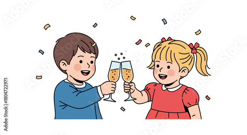 Joyful cartoon boy and girl with happy smiles clinking sparkling glasses in a festive toast.
