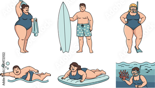 Plus-size people enjoying summer beach activities and water sports