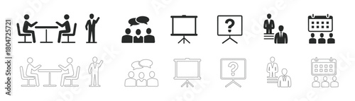 Modern business icons capture essential concepts like meetings, discussions, presentations, problem-solving, and scheduling. Visualize effective teamwork and corporate planning.