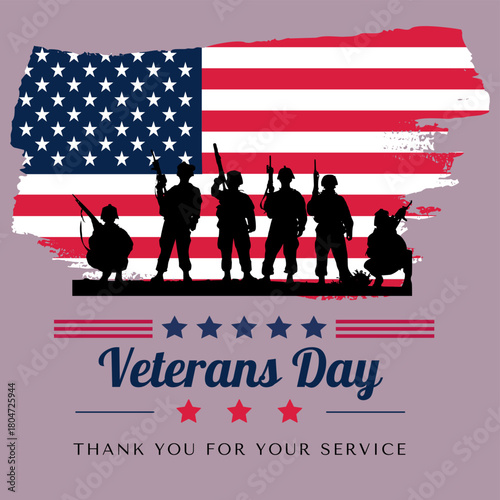 Veterans Day Thank You message on American flag, tribute to military service and patriotism.