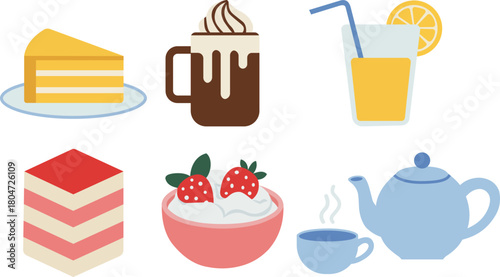 Various desserts and drinks isolated on, including cake and tea