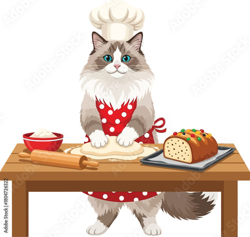 Cute Ragdoll Cat Baking Bread Cartoon Illustration Detailed Scene