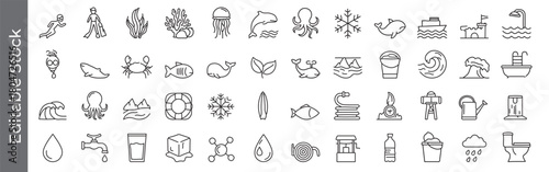 Marine Life, Water, Weather, Environment, Sea, ocean, and water life line icon set – editable outline symbols of fish, crab, dolphin, octopus, wave, and swimming
