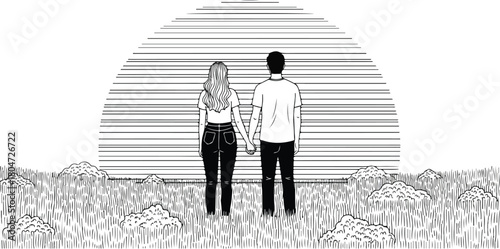 Couple holding hands standing together watching the sunset love and togetherness.