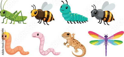 Diverse Cartoon Insects and Reptile Illustration on White Background.