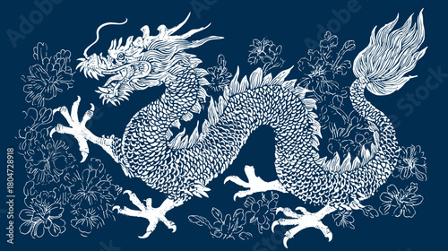 Vector illustration of a neo traditional japanese tattoo design of a White dragon on a deep blue background