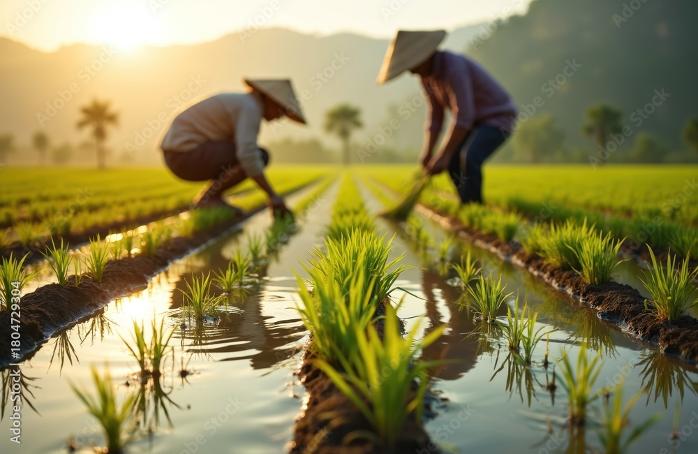Fototapeta premium Two farmers work in rice field transplanting seedlings. They wear traditional hats. Photo displays moment of agricultural labor in rural environment. Golden sunlight illuminates water, green plants.