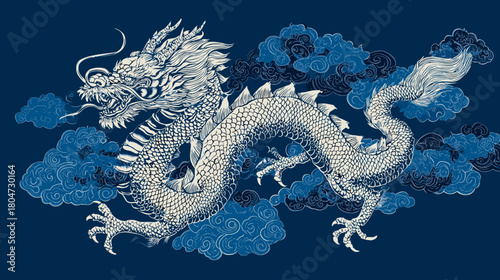 Vector illustration of a neo traditional japanese tattoo design of a White dragon on a deep blue background