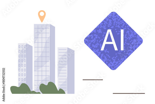 Tall glass buildings surrounded by greenery next to AI icon in a diamond shape. Ideal for technology, innovation, business, urban planning, future, sustainability, and creativity. Simple flat