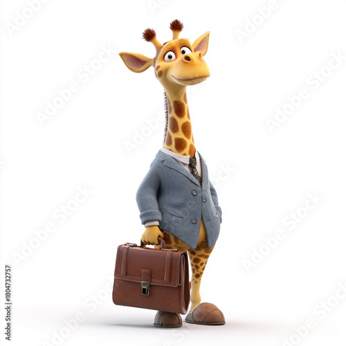 A charming giraffe dressed in a suit holding a briefcase, standing confidently