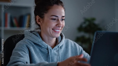A woman in a grey hoodie looks at a laptop with a USB device. The scene is indoors