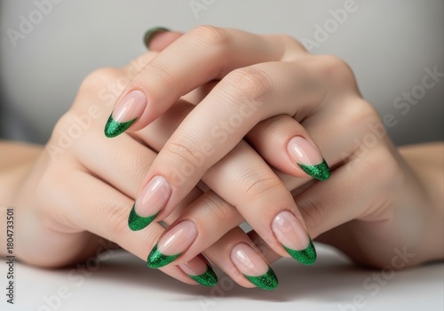 elegant female hands with festive french manicure. almond-shaped nails with sparkling green glitter tips. christmas and new year holiday nail art. beauty salon, cosmetic design.