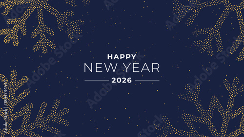 Happy New Year 2026 text with dot snowflake pattern on blue background for greeting card or festive celebration design.