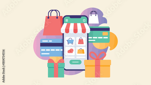 Online shopping on a mobile phone surrounded by shopping bags and gifts flat vector illustration for e-commerce and retail concepts