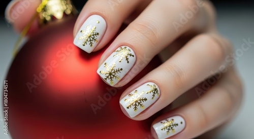 woman's hand with festive white manicure and gold snowflake design holding red christmas bauble. winter holiday nail art concept. beauty salon, greeting card with copyspace.