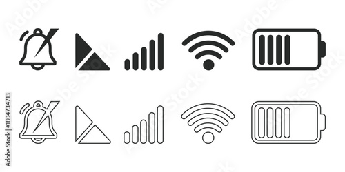 Discover clean, modern icons for crucial mobile functions like alerts, signal strength, Wi-Fi, and battery levels, perfect for intuitive app and website design.