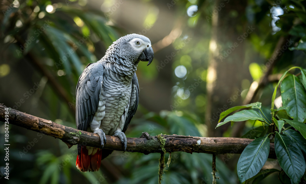 Obraz premium African Grey Parrot Perched on Branch in Tropical Forest