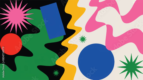 A vibrant modern abstract pattern design with colorful shapes and wavy lines, ideal for artistic backgrounds