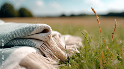 Light breeze gently moves picnic blanket on grass in serene outdoor setting