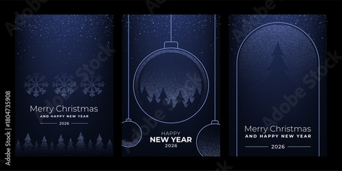 Christmas vector illustration set for greeting card or banner. Happy New Year 2026 concept with snowflakes, xmas tree, holiday ornament design.