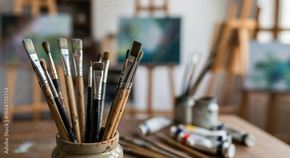 Fototapeta premium Art Supplies in a Bright Studio: Brushes and Paint Tubes Showcase Creativity in an Artistic Environment