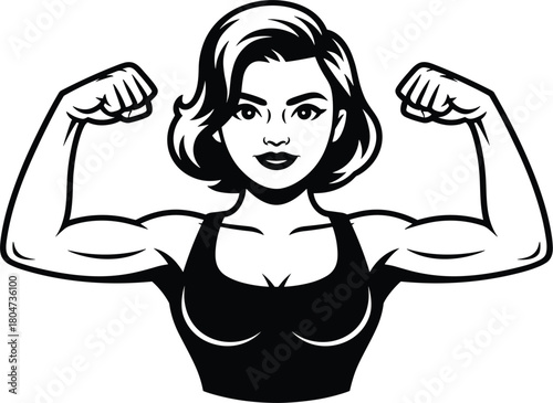 Strong confident woman flexing biceps vector illustration, empowered female fitness model showing muscles, power strength graphic design
