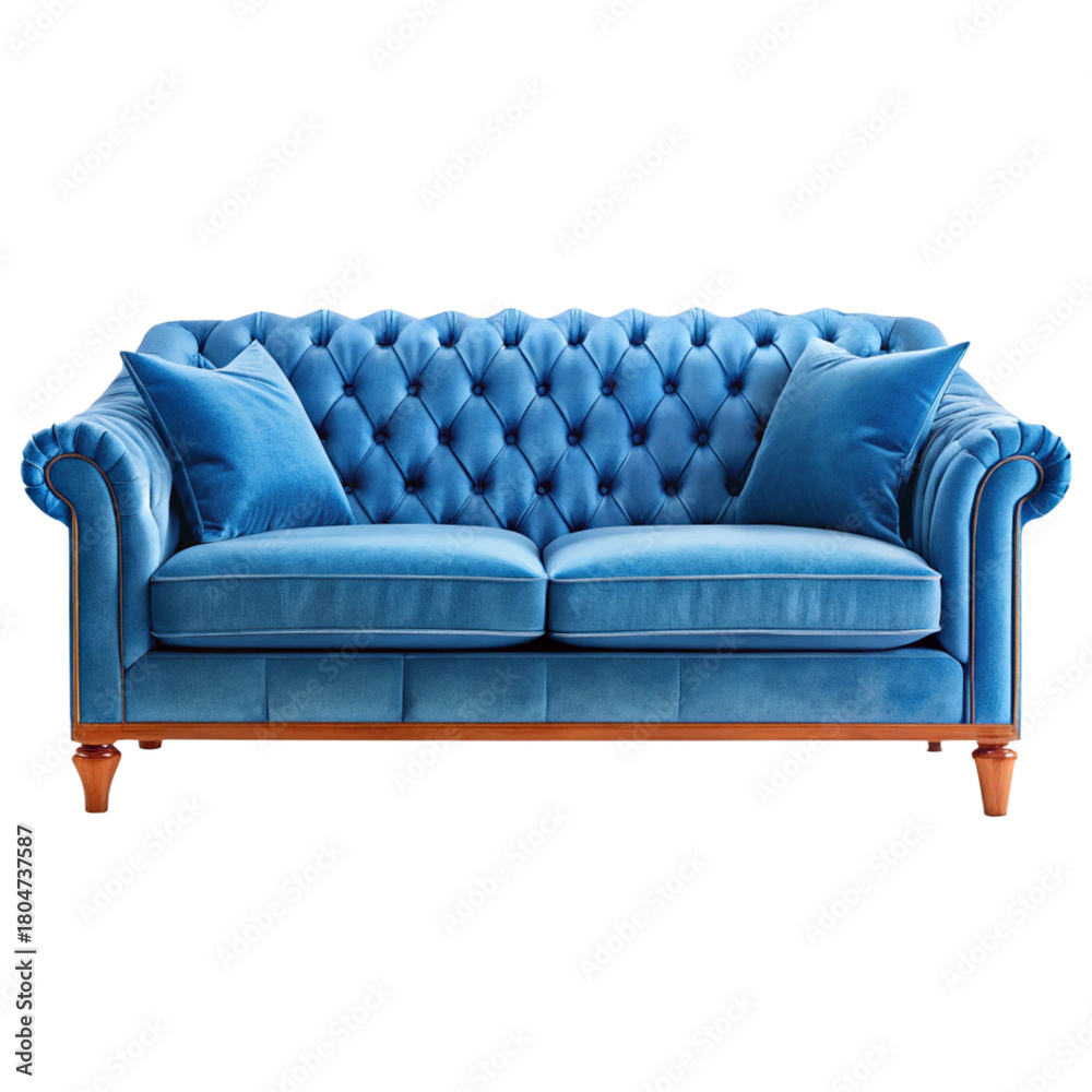 Fototapeta premium Elegant blue velvet chesterfield sofa with tufted back and wooden legs