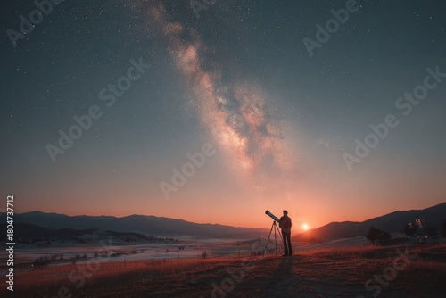 Person observing the milky way and stars with a telescope during dusk in a rural landscape