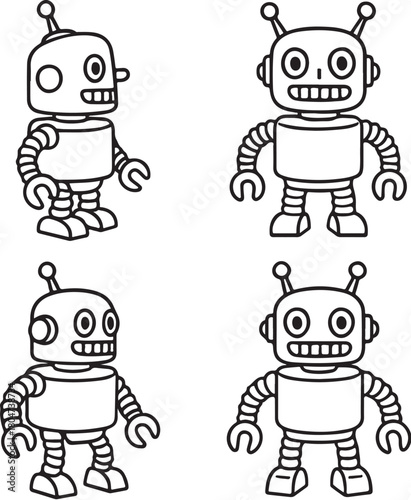 nostalgic vintage robots with coil arms and antenna heads black and white vector.eps